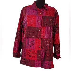 Chicos Shirt Shacket Top Size 3 (Chicos Size X Large) Red blue Pink Beaded Lined